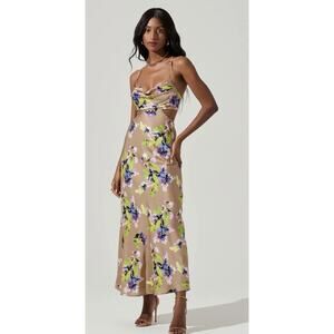 ASTR The Label Cut Out Floral Midi Collette Tan Dress Small